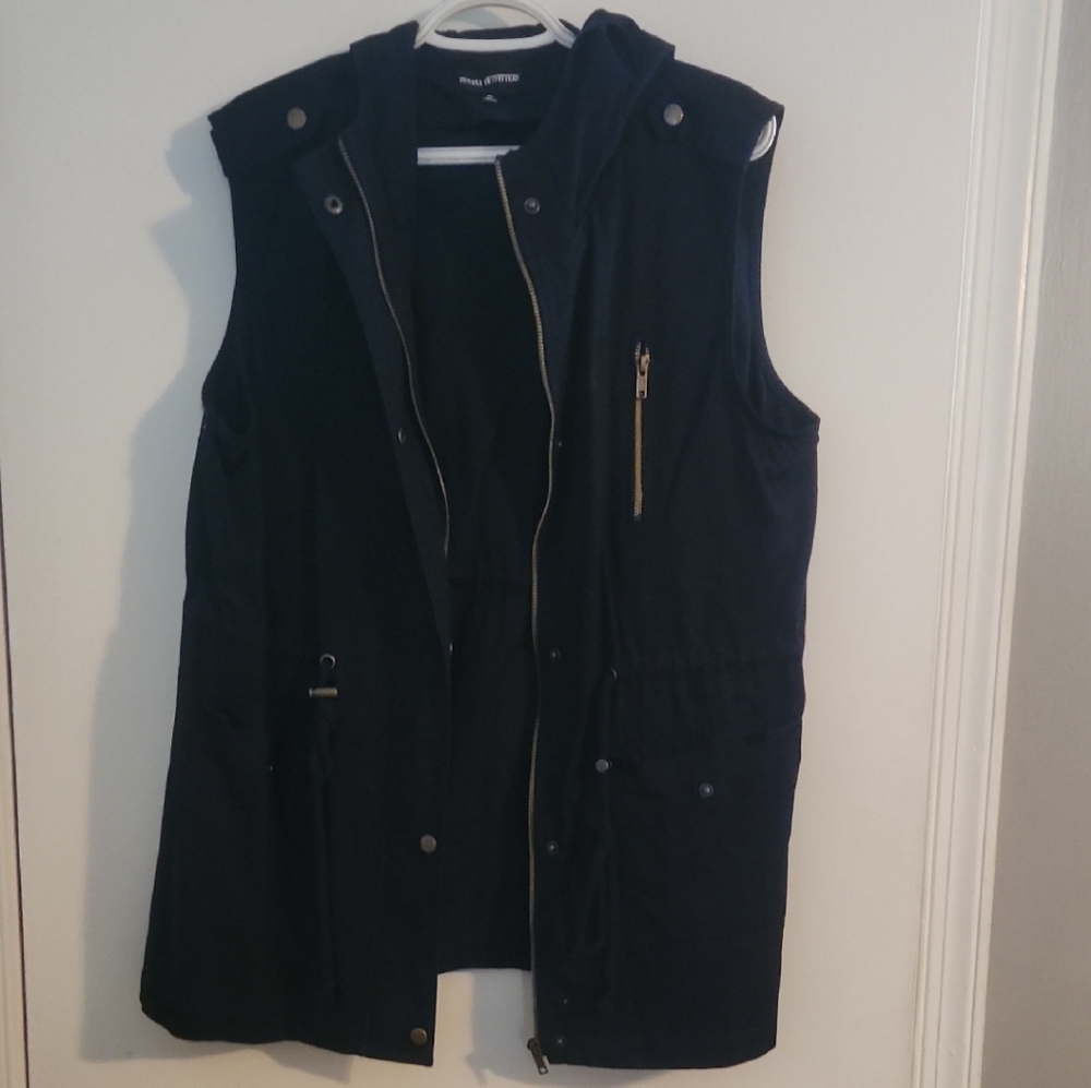 Womens Navy Blue Zenana Outfitters Utility Hooded Vest Jacket Full Zip Size XL